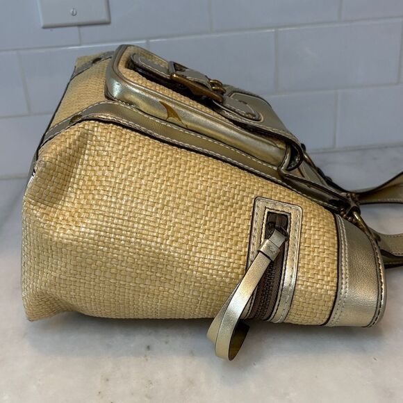 Coach Bag Purse Handbag Legacy Straw & Metallic Leather Tote Shoulder Pocketbook - Picture 7 of 16